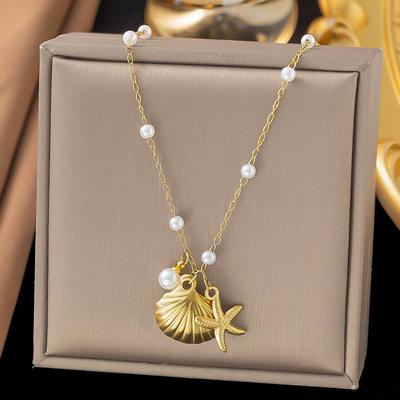 316L Edelstahl Muschel Seestern Zirkon Anhänger Halskette Für Damen Mode Neu Party Geschenk Charm Halskette Zirkon