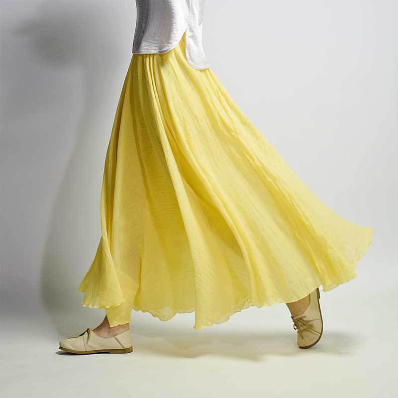 Women's Elegant High Waist Linen Maxi Skirt Summer Ladies Casual Elastic Waist 2 Layers Skirts Saia Feminina