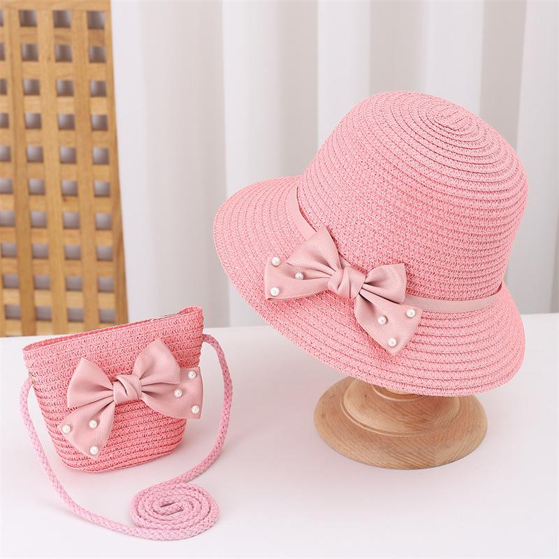 Kids Summer Wide Brim Floppy Straw Hat and Bag Set Beach Sun Visor Cap Cute Bow Baby Birthday Gift for Girls Fisherman Hats