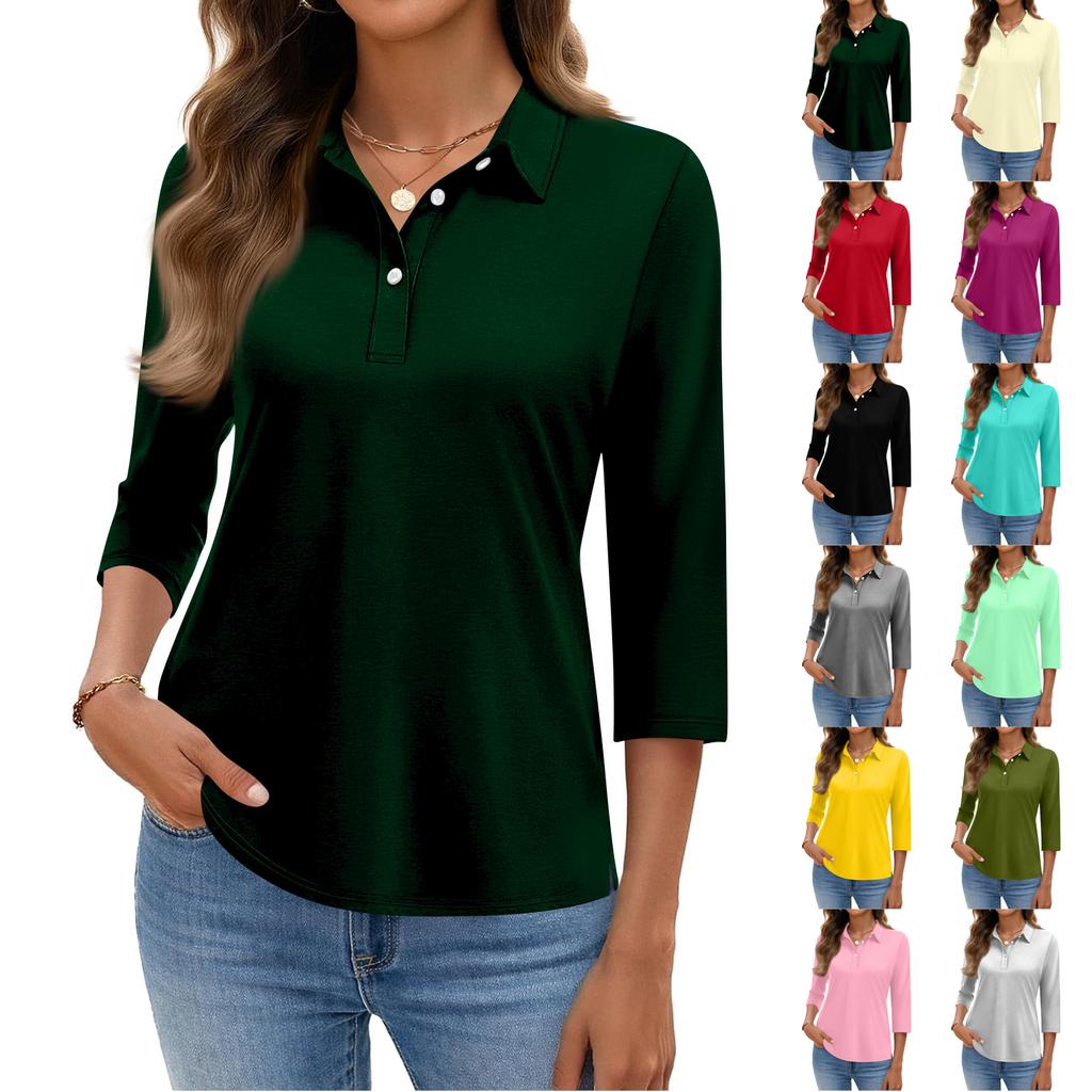 Women's Fashion Casual Lapel Short 3/4 Sleeve Color Shirt Women's Button Up Tops