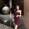Purple Halter Neck Bandeau Dress: Elegant Pleated, Waist-Cinching, Slimming Skirt for Women