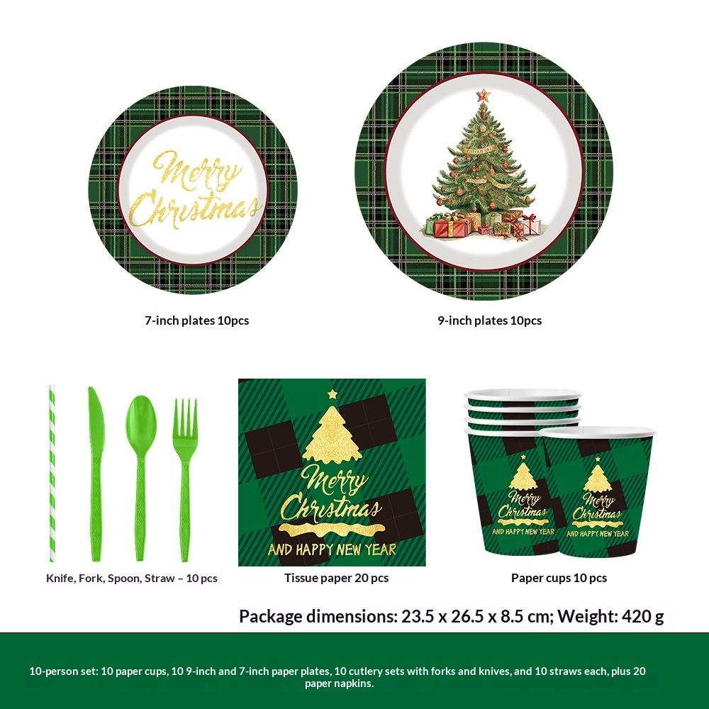 Christmas Party Tableware Set Plaid Printed Disposable Paper Plates Cups Napkins Holiday Party Supplies