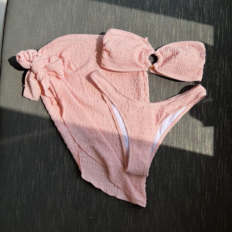 Women Solid Textured Strapless Three Pieces Bikini Swimsuit Swimwear