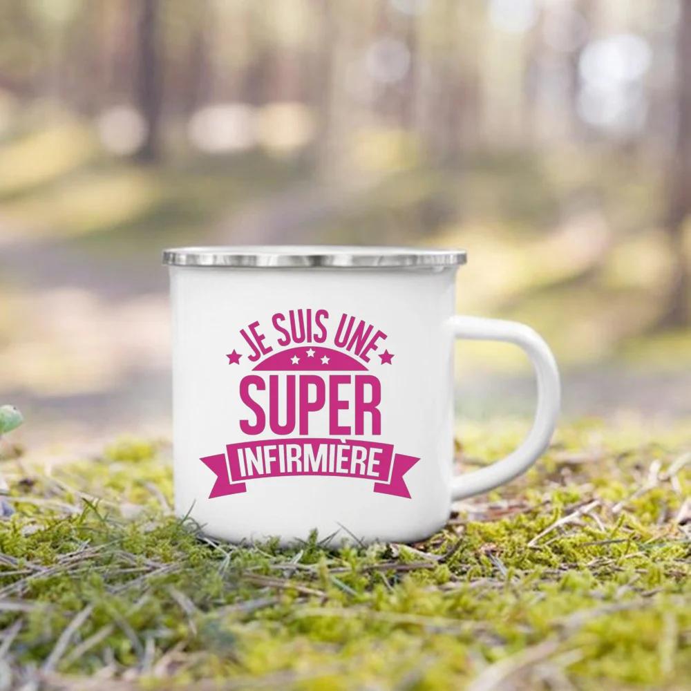 Beste Krankenschwester Französisch Bedruckte Emaille Tassen Kaffeebecher Trinken Wein Saft Tasse Dessert Kakao Milch Henkeltasse Bestes Geschenk für Infirmiere