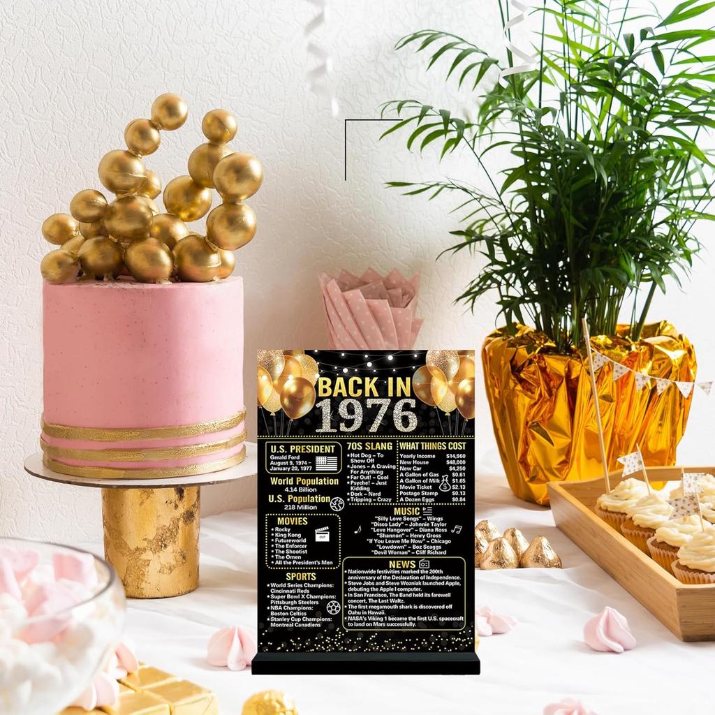 Trgowaul 50th Birthday Decorations Women Men, Black Gold Back In 1976 Birthday Poster Acrylic Table Sign with Stand, 50 Anniversary Decor Gifts for