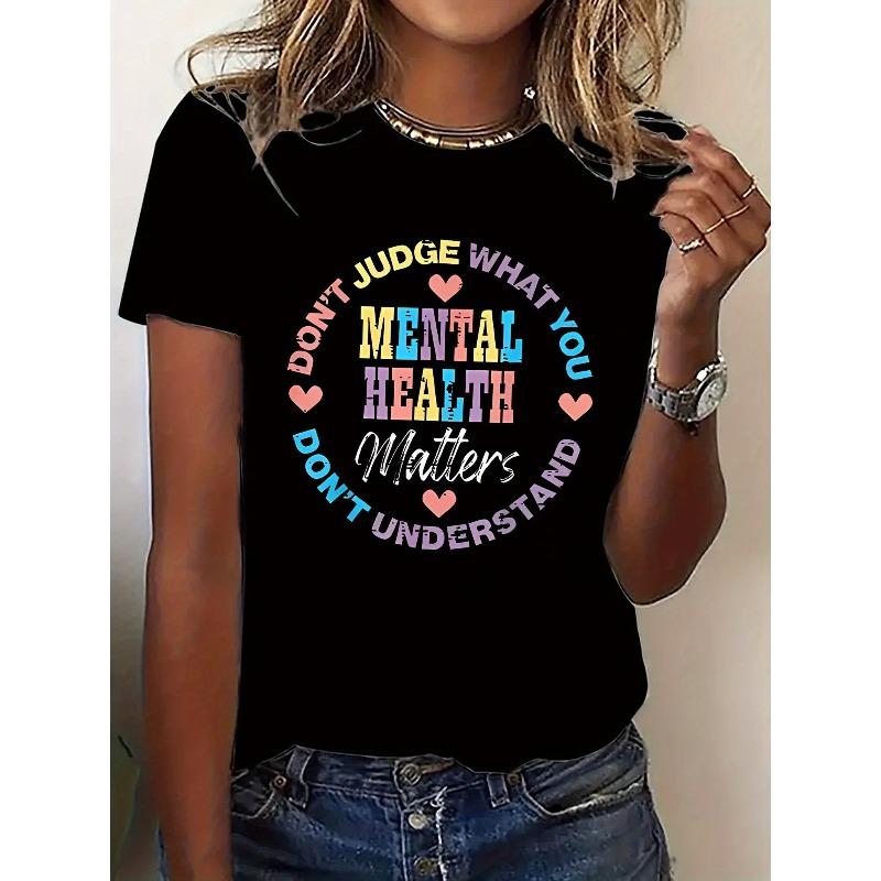 

European sizes Women s Casual Short Sleeve T-Shirt with Colorful Heart & Geometric Print, Don t Judge What You Don t Understand Slogan, Round Neck 4XL