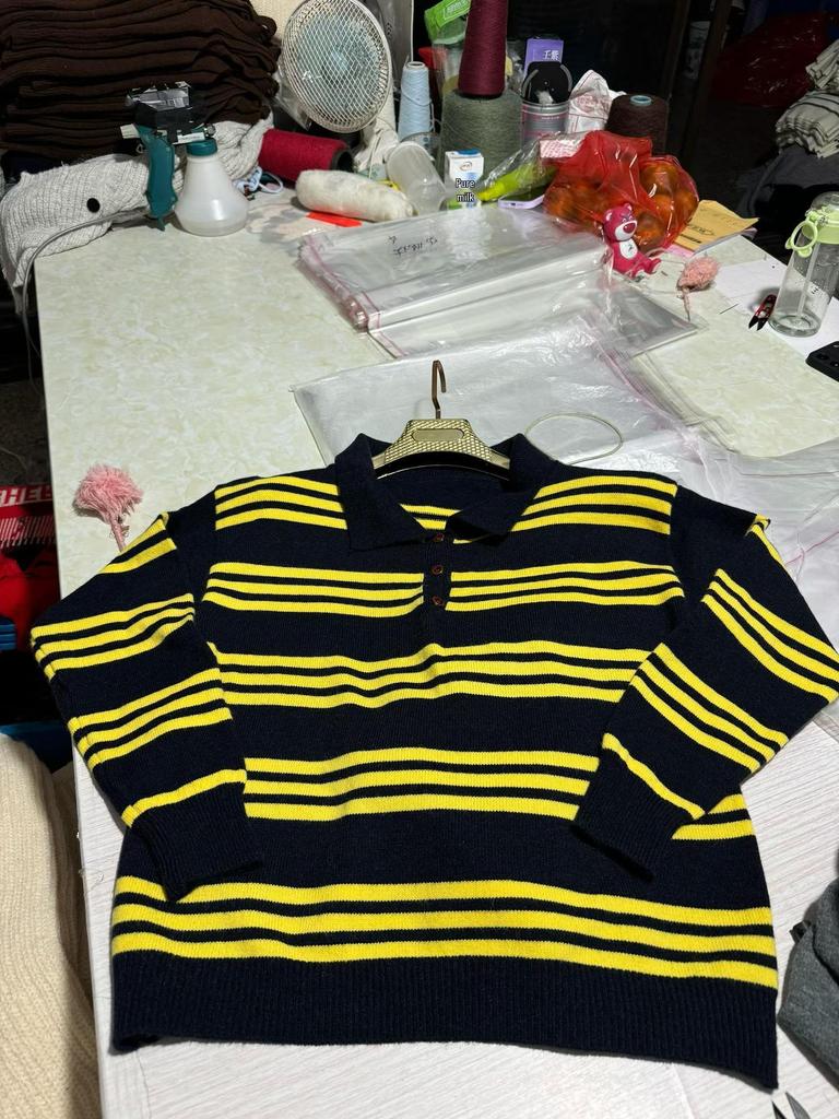 2025 Autumn/Winter Korean Color Block Stripe Polo Neck Knit Sweater - Casual, Versatile, and Loose Fit