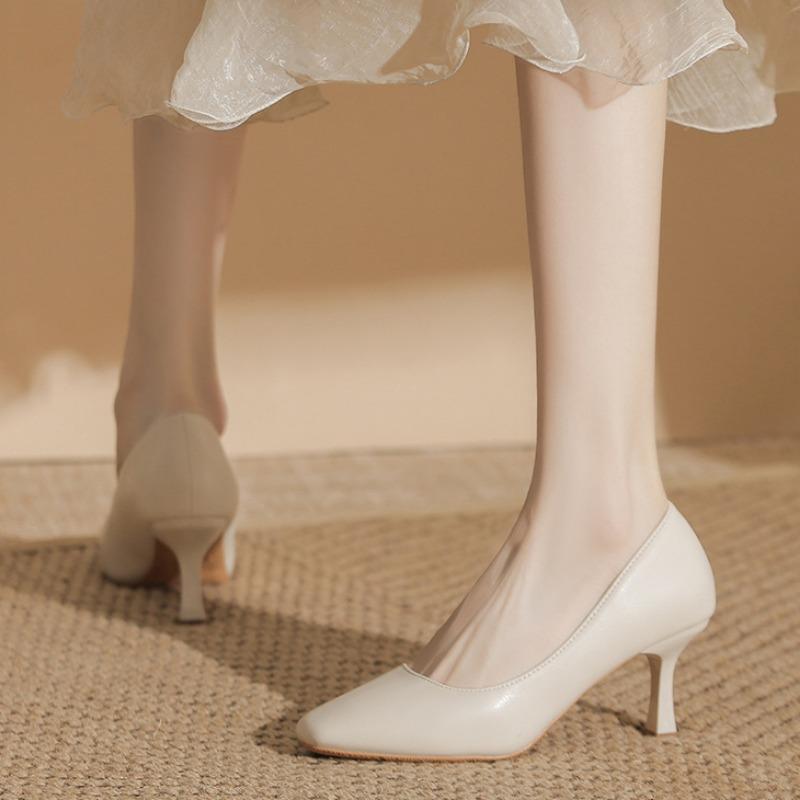 French High Heels Elegant Soft Leather Shoes Thin Heels That Don't Tire Your Feet Single Shoes with Shallow Square Toes All-match Commuter Shoes