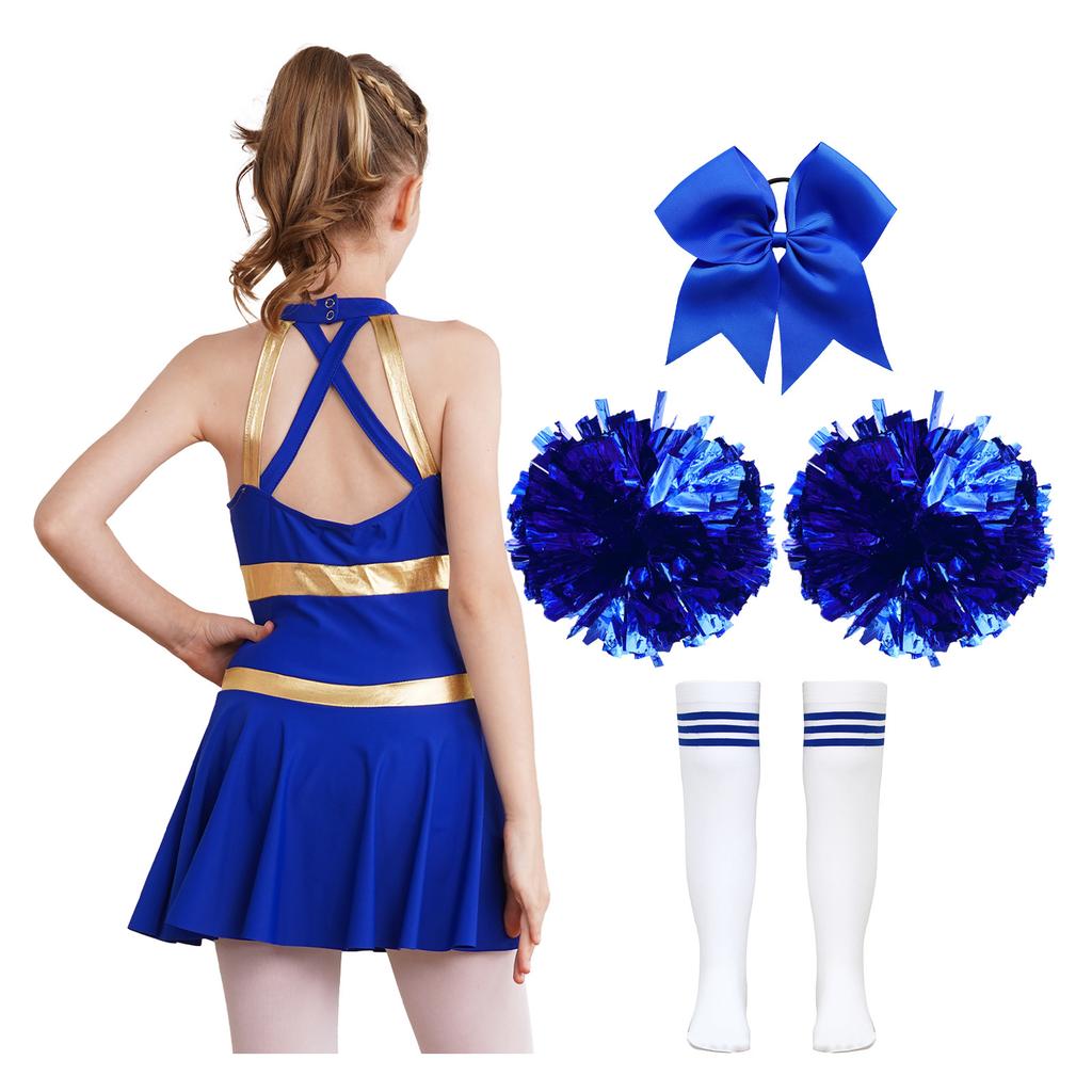Kids Girls Cheerleading Outfits Letter Print Patchwork Sleeveless Dance Dress Bowknot Headwear Hand Flowers Striped Tube Socks