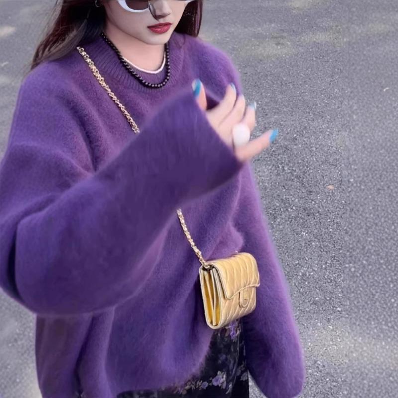 Purple crew neck plush mink plush pullover women's autumn and winter new high-end loose lazy knitted sweater top