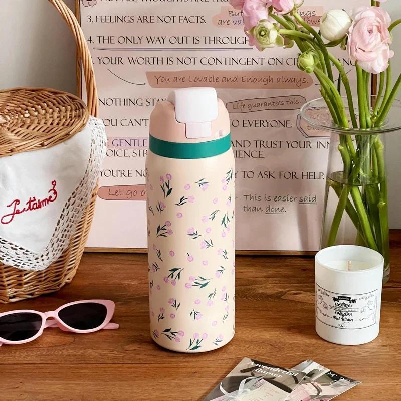32oz Stainless Steel Thermos Water Bottle Cute Travel Vacuum Flasks Thermal Cup With Straw Sports Gym Water Bottle For Woman