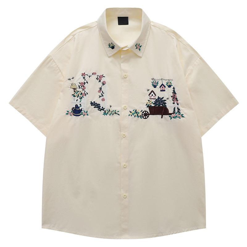 Japanese retro college style fun plant flower embroidered short-sleeved shirt men's and women's loose American shirt 2025 summer