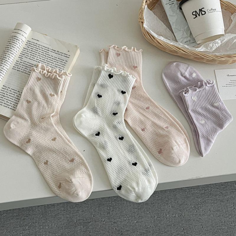 Women's Summer Thin Sweet Breathable Mesh Love Lace Mid Tube Pile Socks
