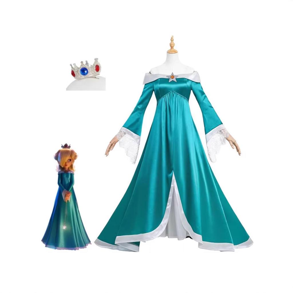 Rosalina Green Satin Court Long Dress for Mario Cosplay