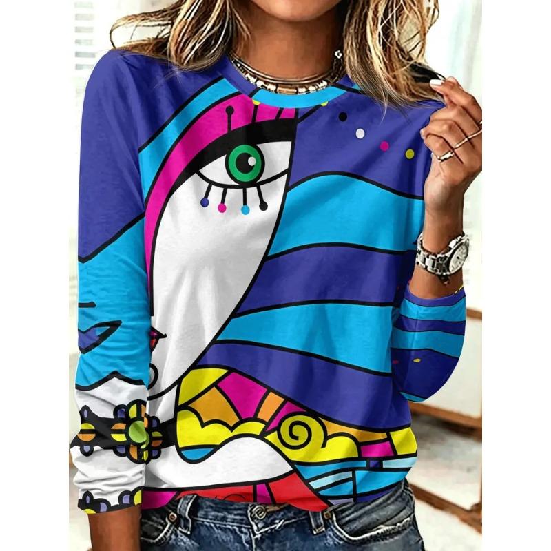 Women's Autumn and Winter 3D Variegated Printed Crew Neck Long Sleeve T-Shirt