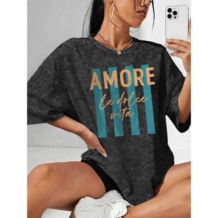 Summer New AMORE la dolce vita Letter-printed snowflake short-sleeve shirt T Shirt Top Round neck, light and breathable, suitable for spring, summer,
