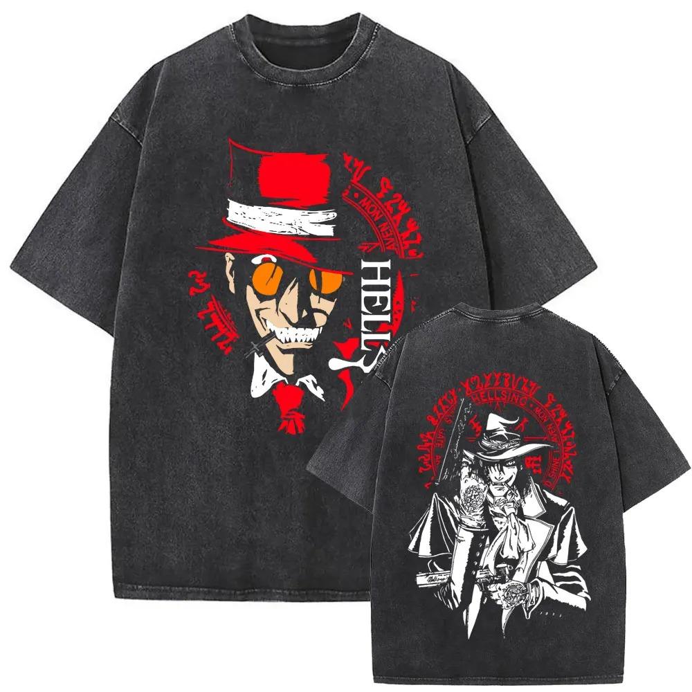 Hot Sale Anime Hellsing Abraham Van Helsing Vampire Alucard Print Tshirt Men Women Vintage Washed Cotton Summer Tee Oversize Top
