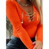 Women's V Neck Long Sleeve Solid Color Metal Chain Lace Up Slim Fit Ribbed Knit Top Casual T Shirt