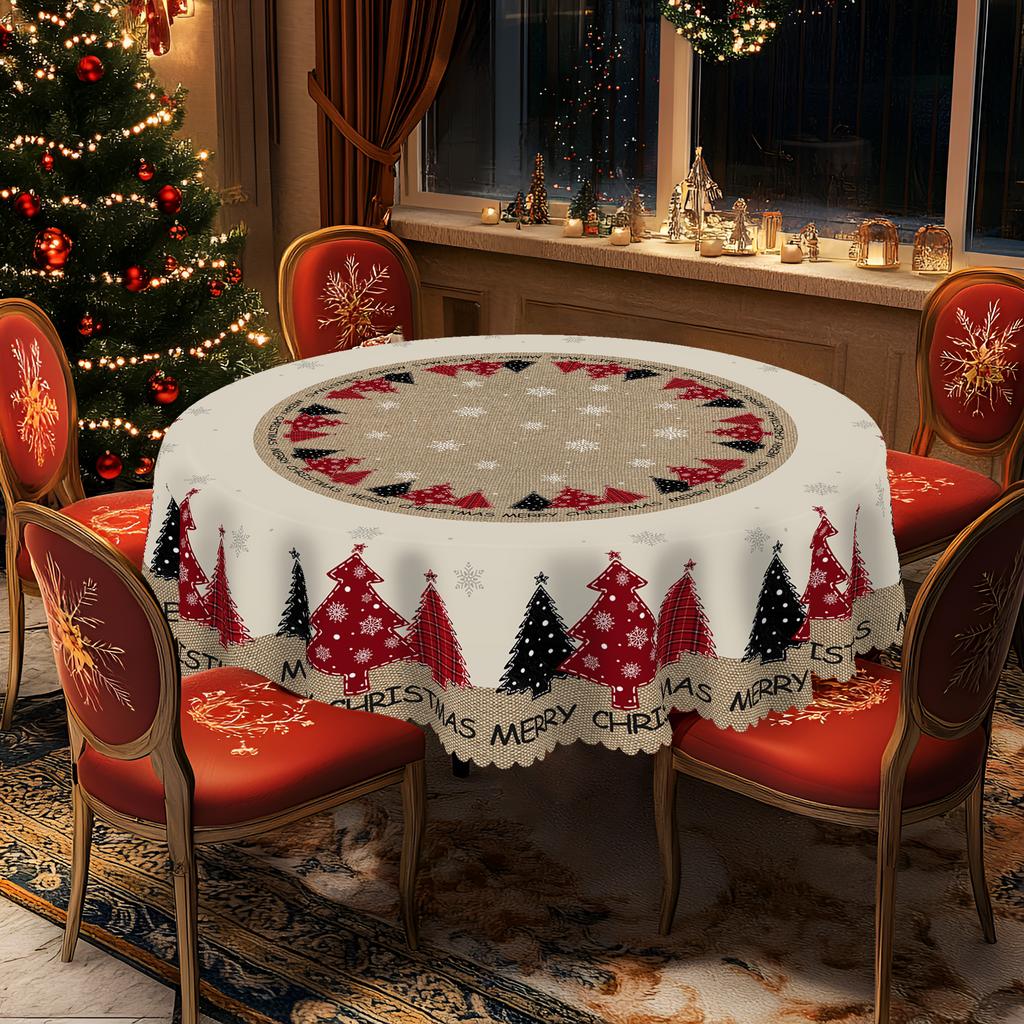 1 Piece Of Christmas Round And Rectangular Tablecloths Available In Various Sizes, Rural Farmhouse Christmas Tree And Exquisite Decorations Printed Pa