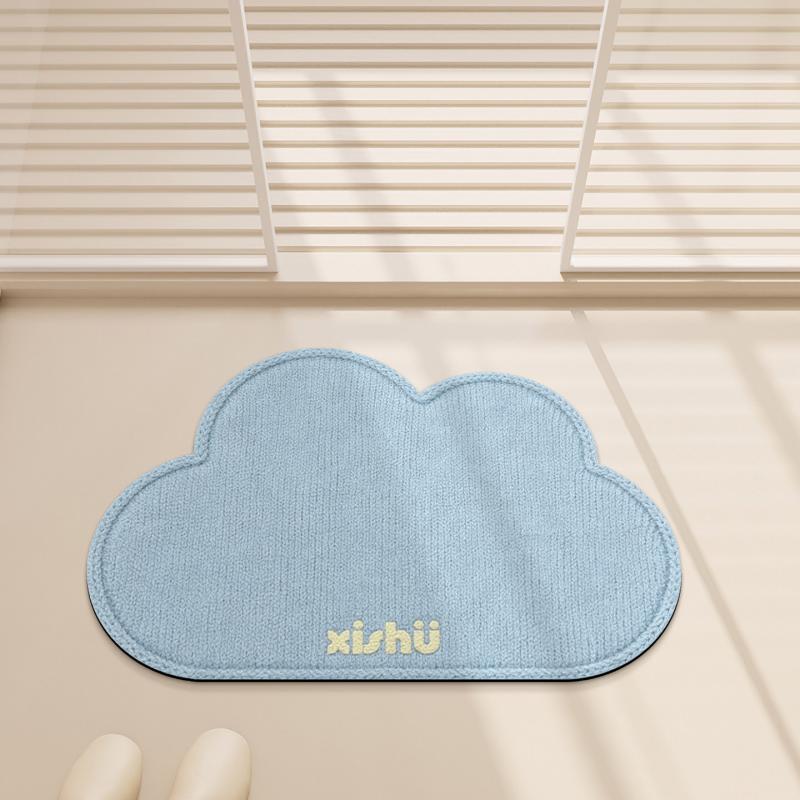 Light Cyan Cloud Outline Plush Mat Anti Slip Water Absorbent Thick Fluffy Floor Rug For Shower Door Vanity Balcony Decor