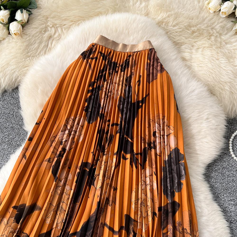Spring Summer Women Elegant Vintage Print Elastic Waist Long Maxi Pleated Skirt Only Have One Size