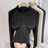 Women's Trendy Black Double Zipper Half-High Collar Fleece Base Layer Top for Autumn/Winter