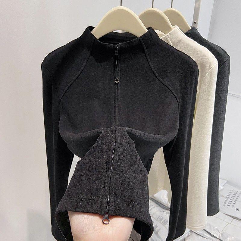 Women's Trendy Black Double Zipper Half-High Collar Fleece Base Layer Top for Autumn/Winter