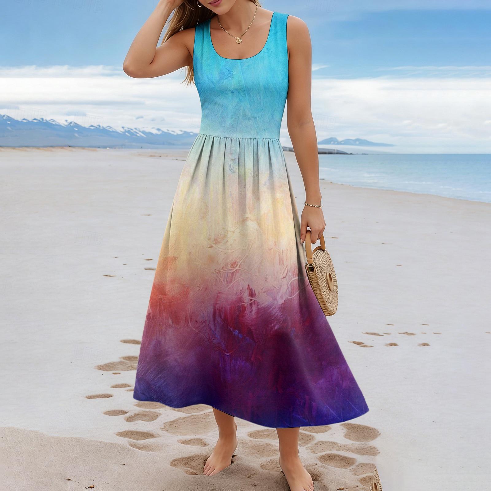 Ladies  cross printed summer casual and fashionable sleeveless long dress L бежевый