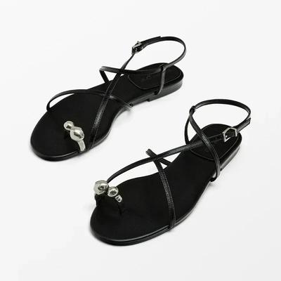 Leather Cross Narrow Strap Buckle Designer Flat Sandals Sexy Peep Toe Beach Sandals Fashion Metal Decoration Summer Flat Shoes
