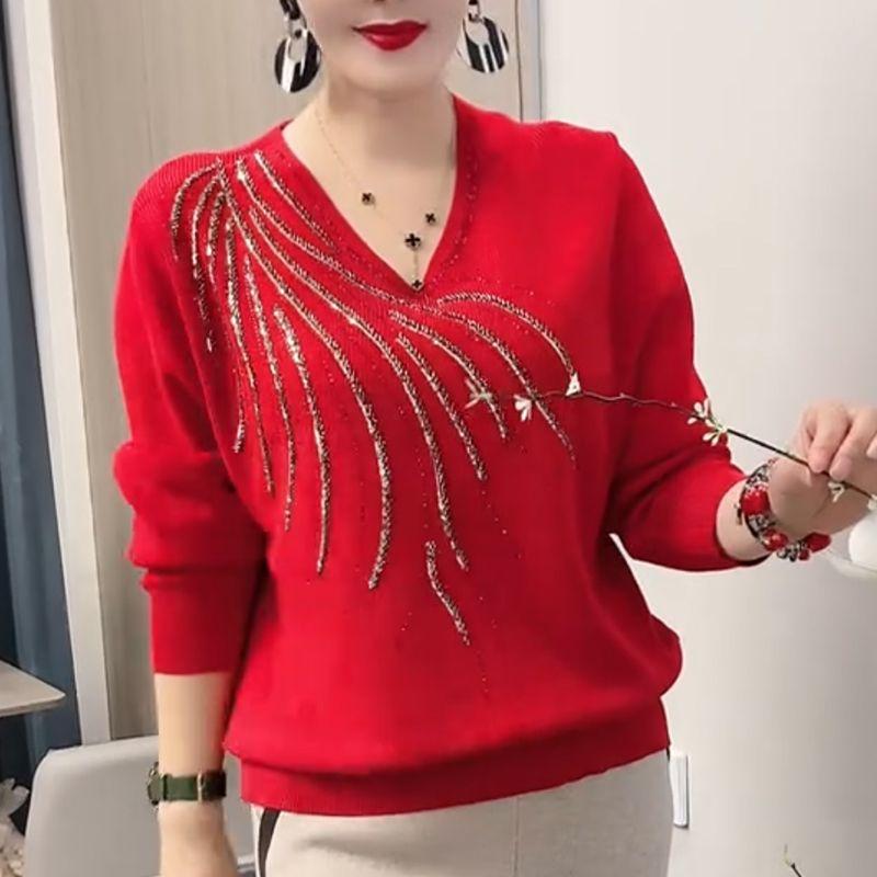 Autumn Winter Women Sweaters Pullovers Solid V-Neck Diamonds Temperament Fashion Casual Long Sleeve Bottoming Shirt Knit Tops