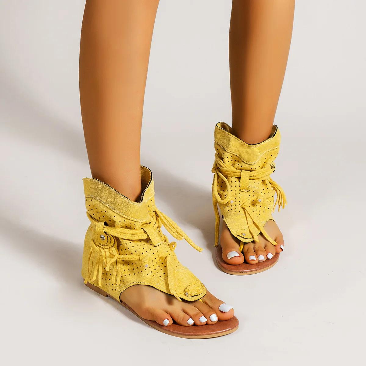Plus-Size Cool Boots 2024 Verkauf von Retro Bequeme flache Damensandalen mit Fransen Ausgehöhlte Sandalen Damen 36 gelb