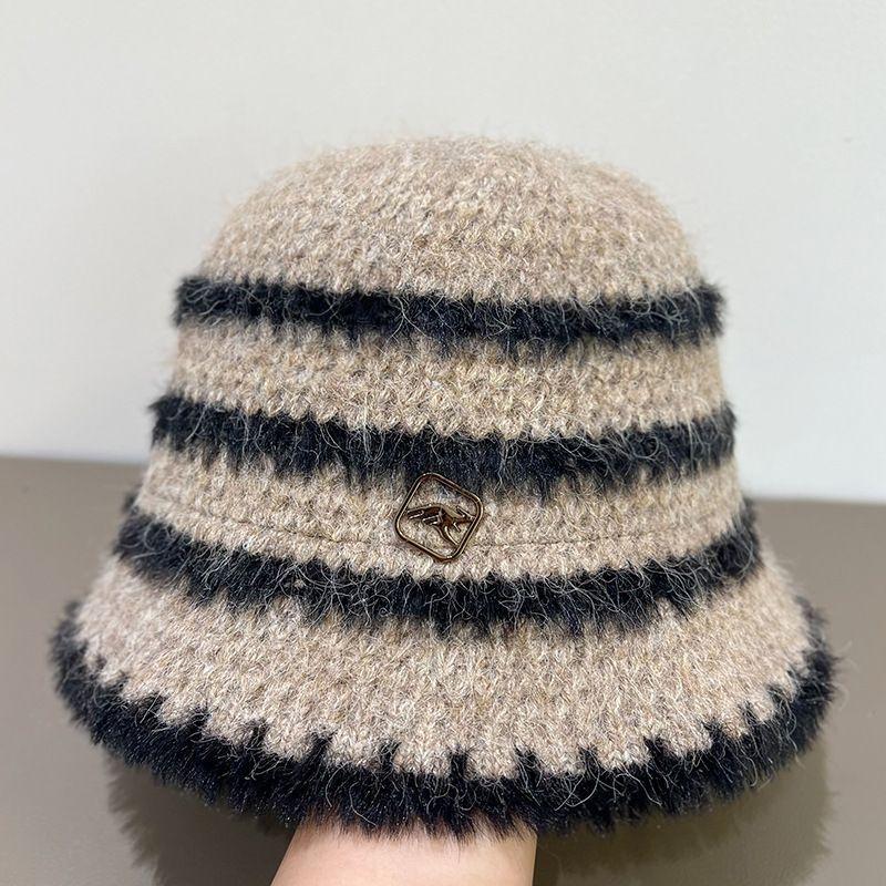 Plush Knitted Striped Bucket Hat Women's Autumn and Winter Wool Bucket Hat
