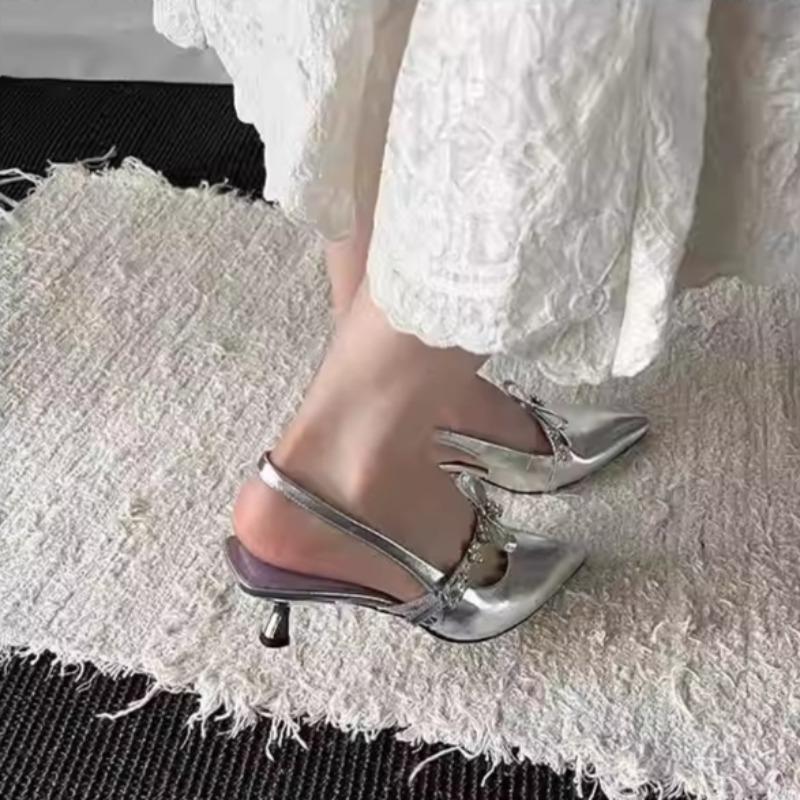 

Fashion Fashion Pointed Toe Stiletto Sandals Women s Wrapped Toe Shallow Mouth Metal Buckle Bow Slip Strap Non-Slip Kitten Heel Shoes 39 серебряный