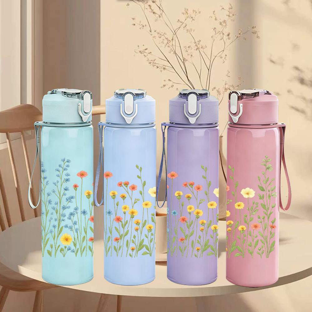 1PC Wild Daisy Floral Field 750ml Color Plastic Sports Water Bottle Leakproof Flip Straw Lid For Sports Office Home Use
