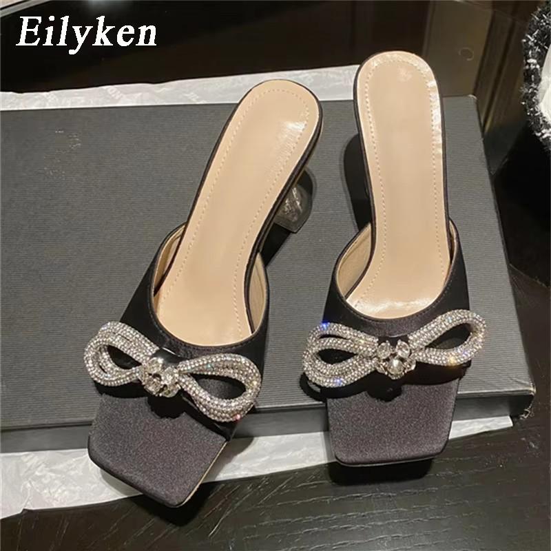 Fashion Eilyken Summer Glitter Crystal Butterfly-knot Slippers Women Fashion Square Toe Transparent Low Heels Female Slides Shoes