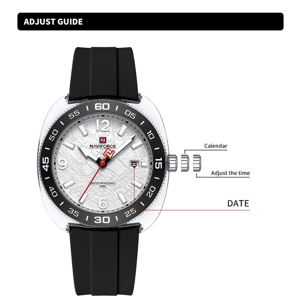 NAVIFORCE Original Men Calendar Watch Quartz Movement Round Case Luminous Pointer 50m Waterproof Silicone Strap Men Casual Watch NF7132