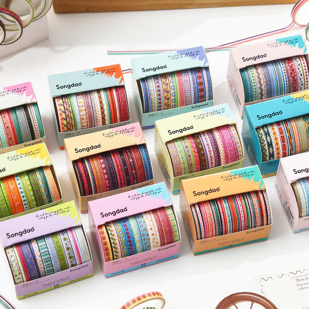 10 Roll Retro Striped Washi Tape Set Masking Tape for Scrapbooking Journal DIY Craft