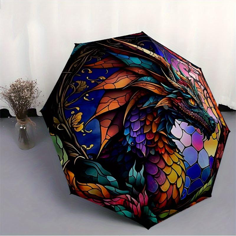 1pc Stained Glass Dragon Compact Travel Umbrella, Automatic Folding Lightweight Windproof 8-Bone Reinforced Design, 012087