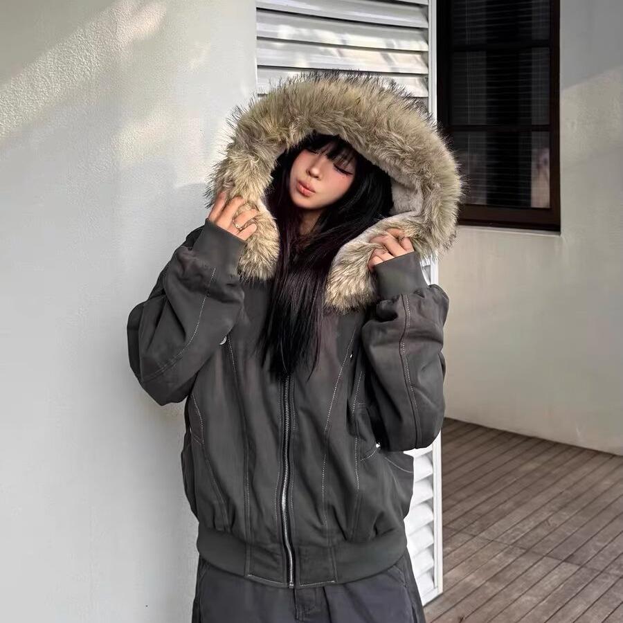 American Retro Carved Mountain Eagle Velvet-Lined Hooded Jacket with Fur Collar - Unisex Winter Coat X-Large