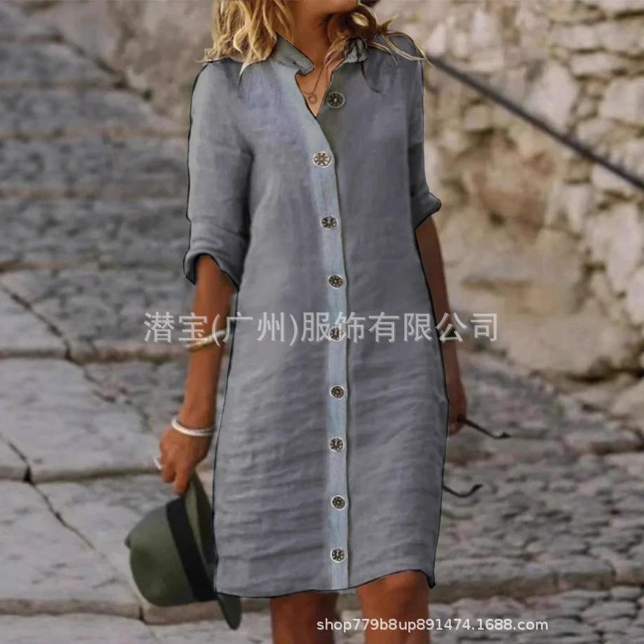 New European and American women's clothing spring and summer shirt collar large round button pure cotton cotton and linen dress
