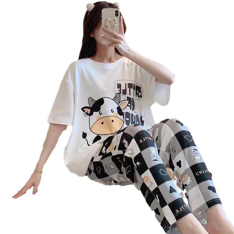 Damen Sommer Cartoon Pyjama Set - Rundhals, Kurzarm, Leichte Hose für Frühling & Herbst