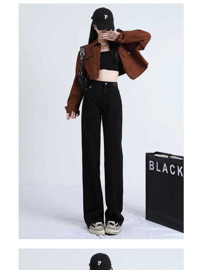 Women's High-Waisted Black Jeans - Slimming Petite Fit, Straight-Leg Style for Spring & Autumn 2025