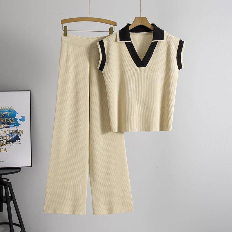 Women's Summer 2026 Polo Collar Knit Top and Pants Set - Loose, Slimming Casual Fashion Two-Piece.