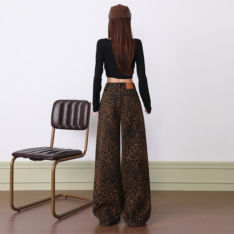 Women's American Casual Leopard Print High-Waisted Wide-Leg Jeans, Autumn/Winter 2025, Loose-Slimming, Floor-Length Pants
