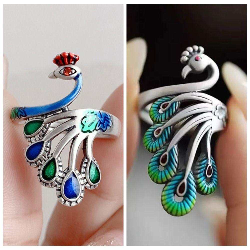 Exaggerated Women Finger Rings Peacock Enamel Retro Ring Fashion Open Rings  Girls
