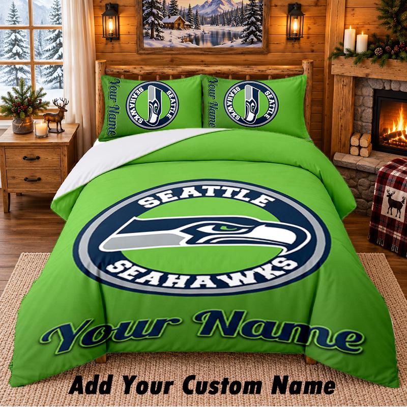 Seattle Seahawks Muster Bettwäsche 3-teiliges Set Benutzerdefinierter Name, Bettlaken und Kissenbezüge für Zuhause Schlafzimmer