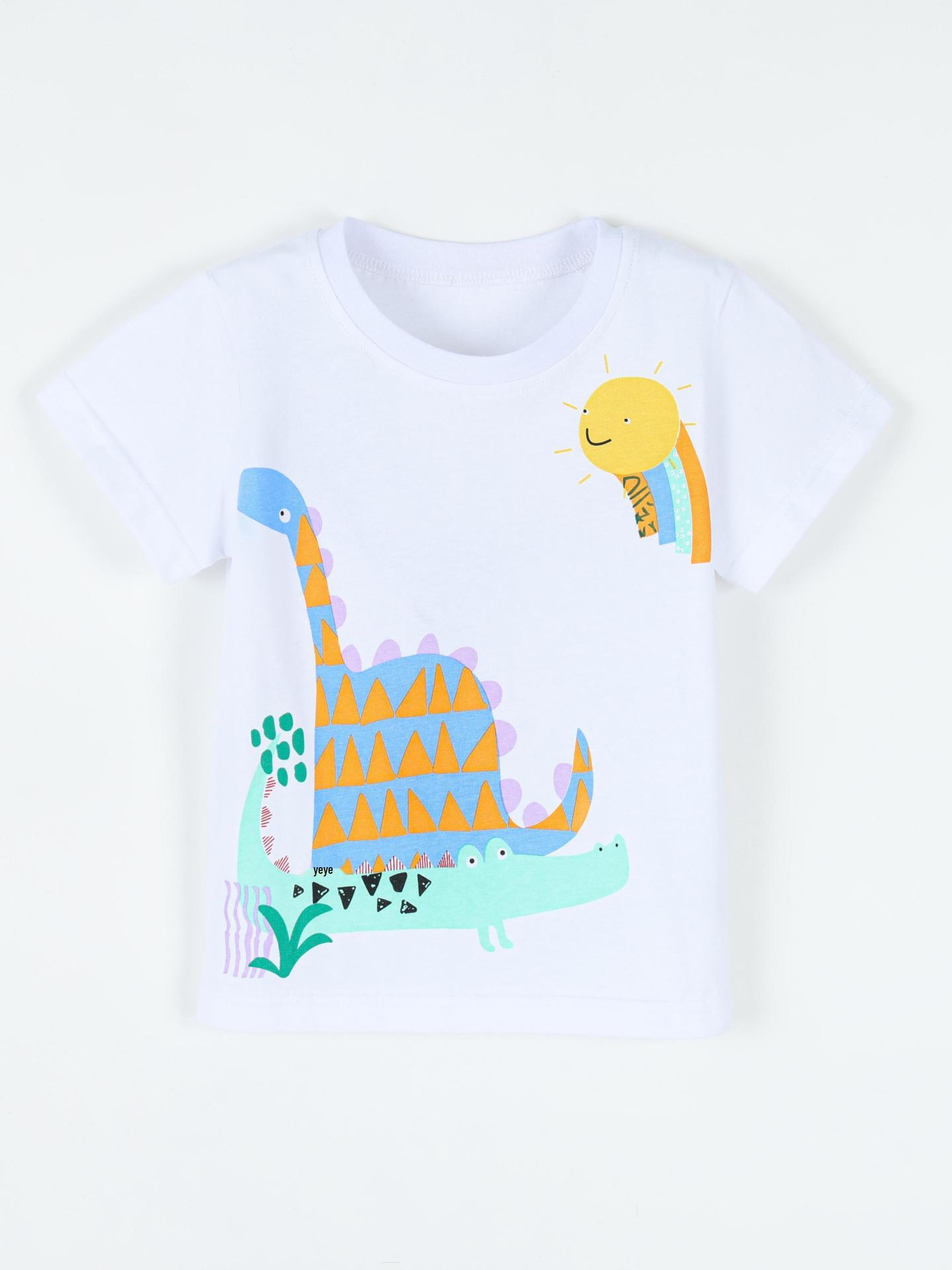 Boys Dinosaur Print Short-Sleeve T-Shirt - European & American Style, Round Neck Sports Shirt for Toddlers & Young Children 120cm (6 Years) белый