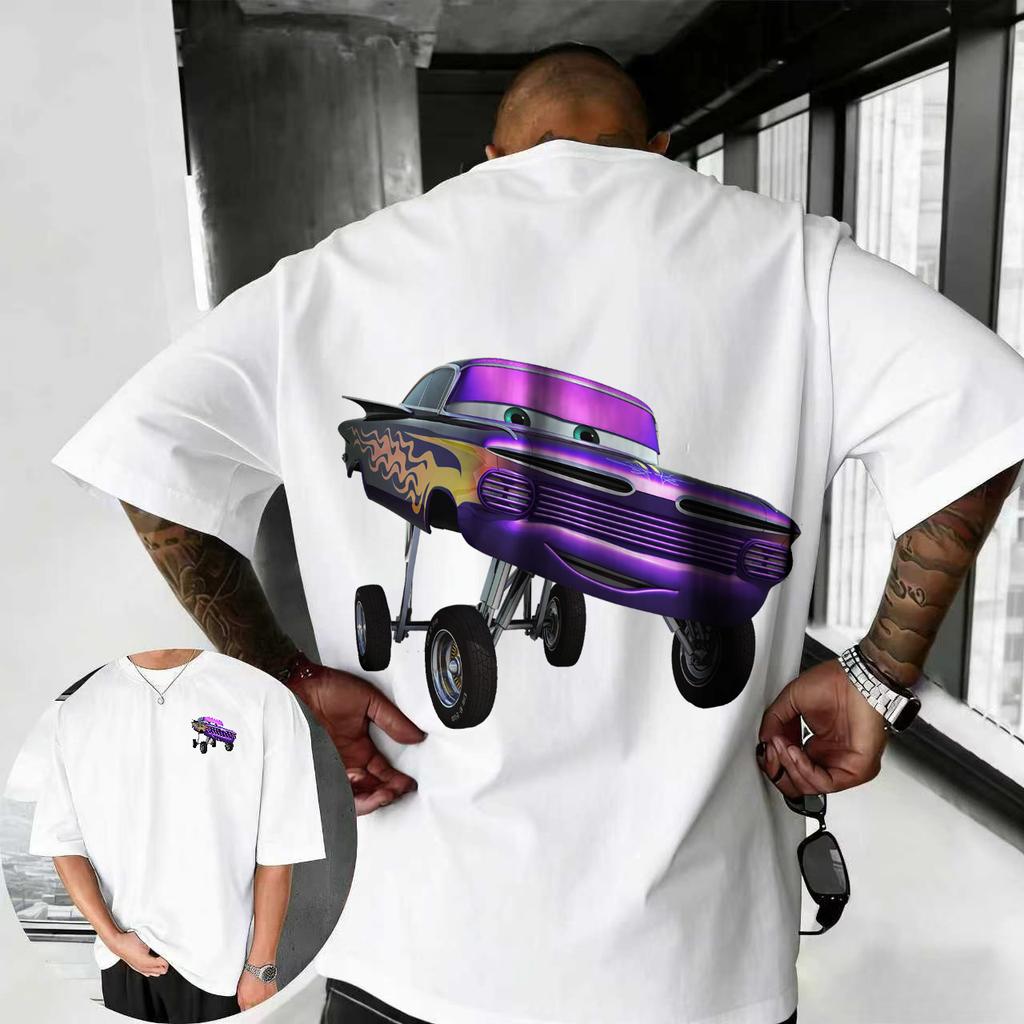 202526 Summer Disney Cars Lightning McQueen Cartoon Pattern 100 Cotton Printed Tshirt Comfortable Breathable Mens Clothing