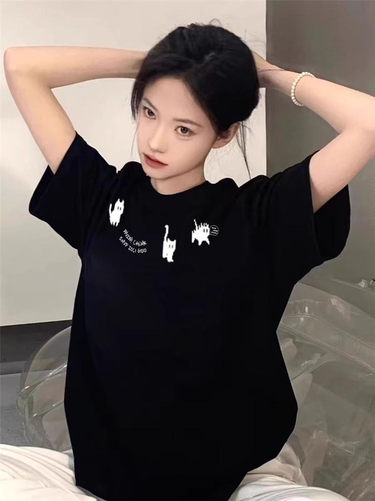Summer Shoulder Cotton Cat Short-sleeved T-shirt Women's New Design Sense Niche American Loose Half-sleeved Top