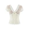 V-neck Lace Short-sleeved T-shirt Women's Summer New American Spice Girl Style Contrasting Color Slim-fitting Bow Bottomed Top